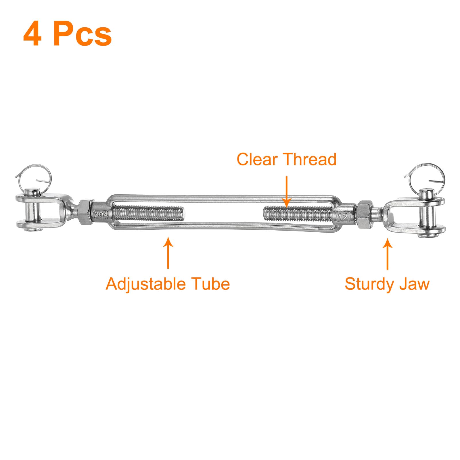 sourcing map 4 tensores M12 (1/2 pulgada) de mandíbula y mandíbula tensores de cuerda de alambre, tensor de cable ajustable de acero inoxidable 304 para vela de sombra, tendedero, límite de carga de