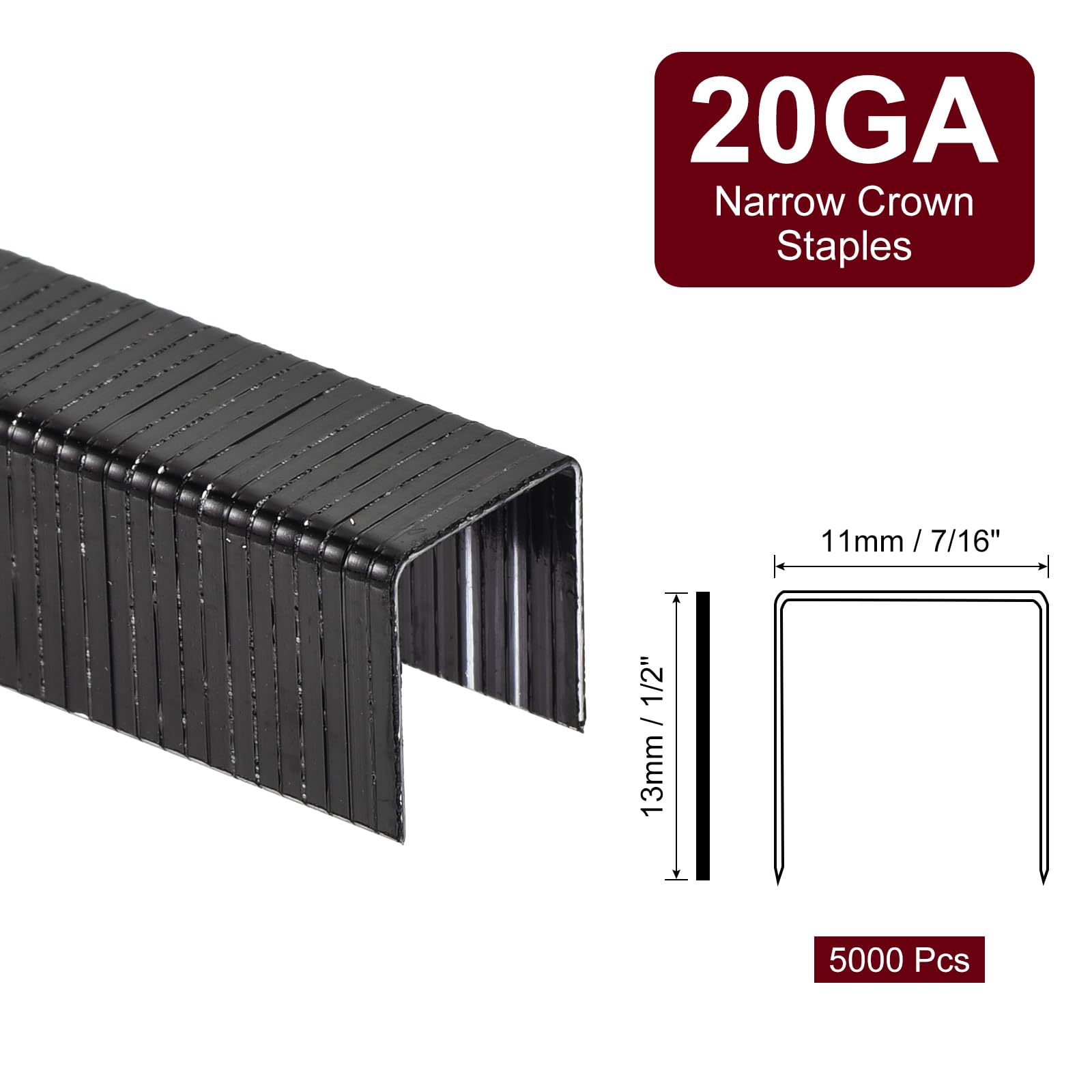 QUARKZMAN Grapas De Tiara Estrecha Calibre 20 7/16"x1/2", 5000Pcs Acero Galvanizado Para Grapadora Neumática Y Eléctrica, Negro