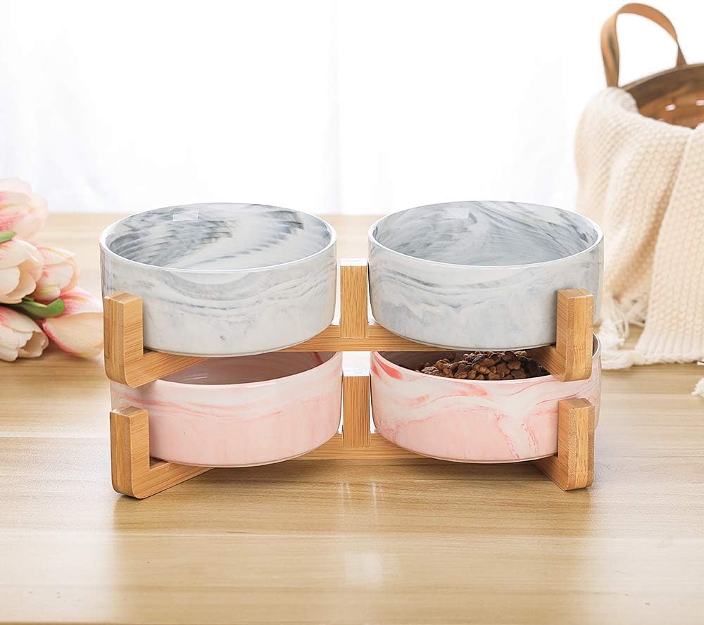 Marble Pink Ceramic Cat Dog Bowl Dish with Wood Stand No Spill Pet Food Water Feeder Cats Small Dogs Set of 2