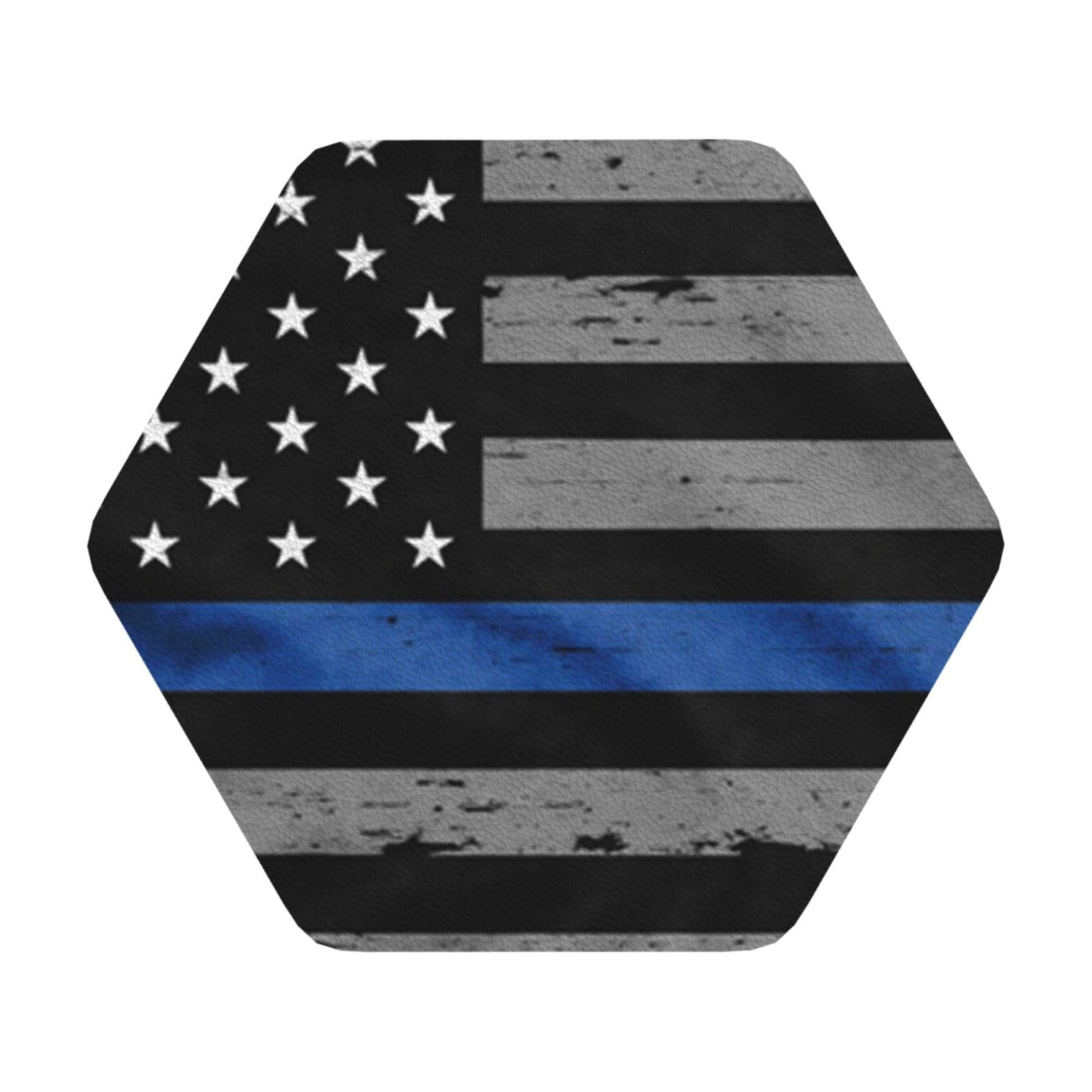 American Thin Blue Line Flag PU Leather Coasters Set of 6 Hexagon Drink Coasters