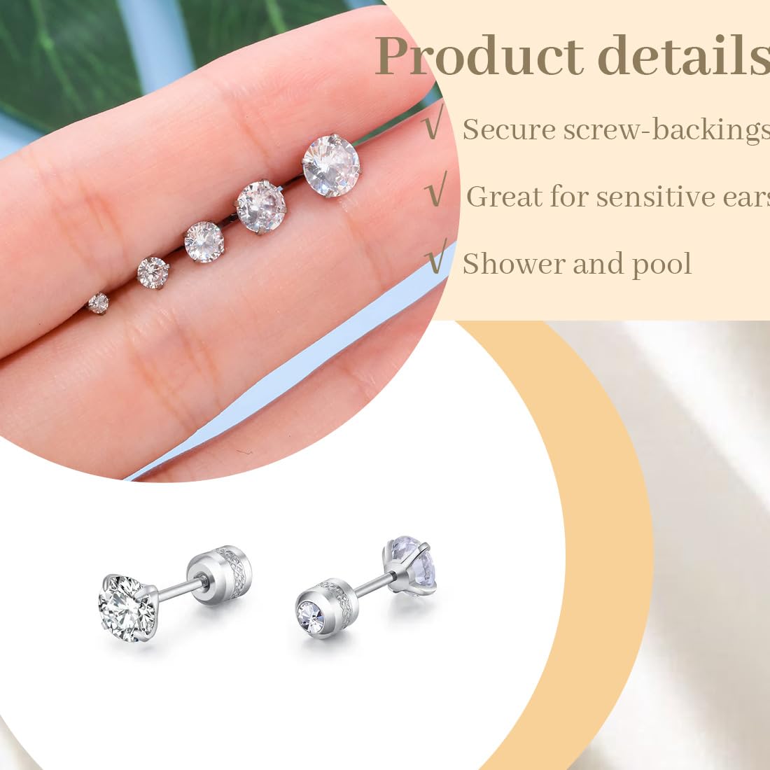 6 Paia Orecchini Acciaio Chirurgico per Donna Uomo Orecchini Punto Luce Piercing Trago, orecchini intarsiati con zirconi cubici Orecchini a Bottone Anallergico Cartilagine Piercing All'orecchio