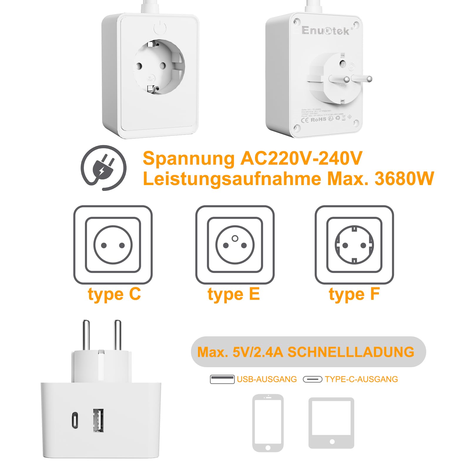 ENUOTEK LED Wandleuchte Wand Leselampe Weiß mit Stecker und Steckdose, Schlafzimmer Steckdosenlampe Touch Dimmbar, 3 Stufen Beleuchtungsfarben, Nachttischlampe mit Typ C und USB Ladeanschluss
