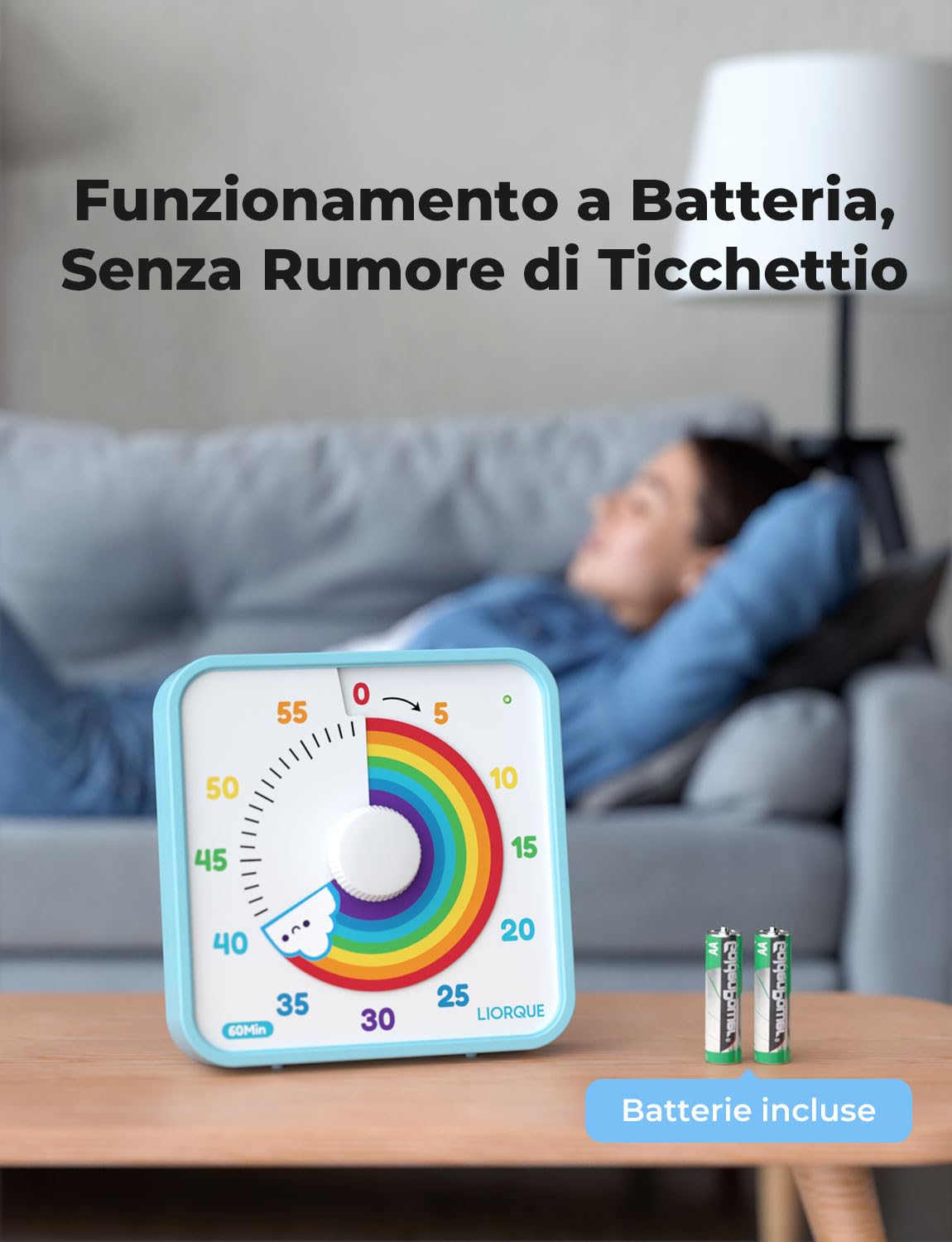 LIORQUE Timer Visivo da 19cm Timer per Aula Grande per Insegnanti, Timer per Bambini da 60 Minuti Senza Ticchettio con Retro Magnetico, 3 Livelli di Volume e Allarme Vibrante e Luminoso (Arcobaleno)