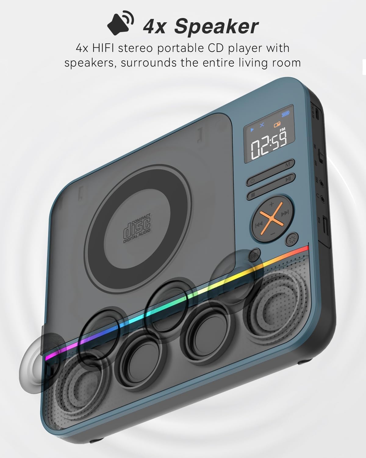 MONODEAL Bluetooth CD Player mit RGB Licht, Radio, Sleep Timer,HiFi Stereo | Wiederaufladbar Tragbarer CD Player