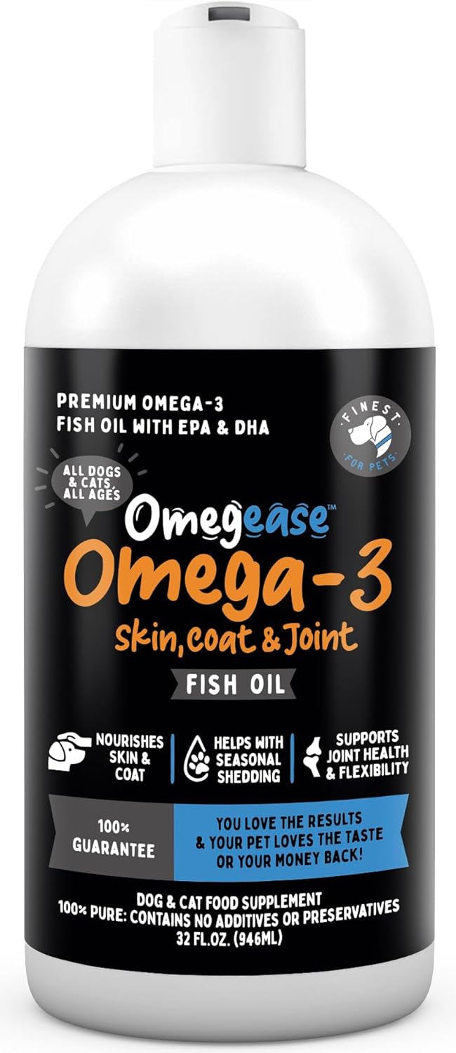 100% Pure Fish Oil for Dogs & Cats (1,545mg Omega 3 per Teaspoon) 32oz. Loaded with EPA & DHA for Joints, Skin & Coat, Itching, Heart & Immune Health. Stronger Than Salmon Oil. Unflavored Omegease.