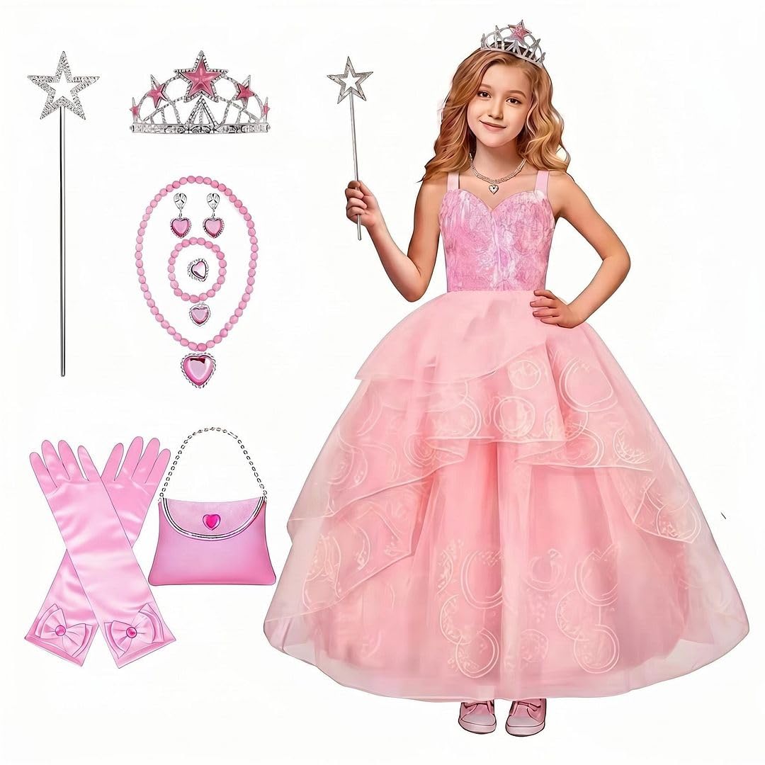 COLOR PRINCE Good Witch Costume for Girls β Pink Princess Dress Up Set Sequin Tulle Party Gown & Accessories - World Book Day Costumes for Kids & Toddlers Age 9-10 Years