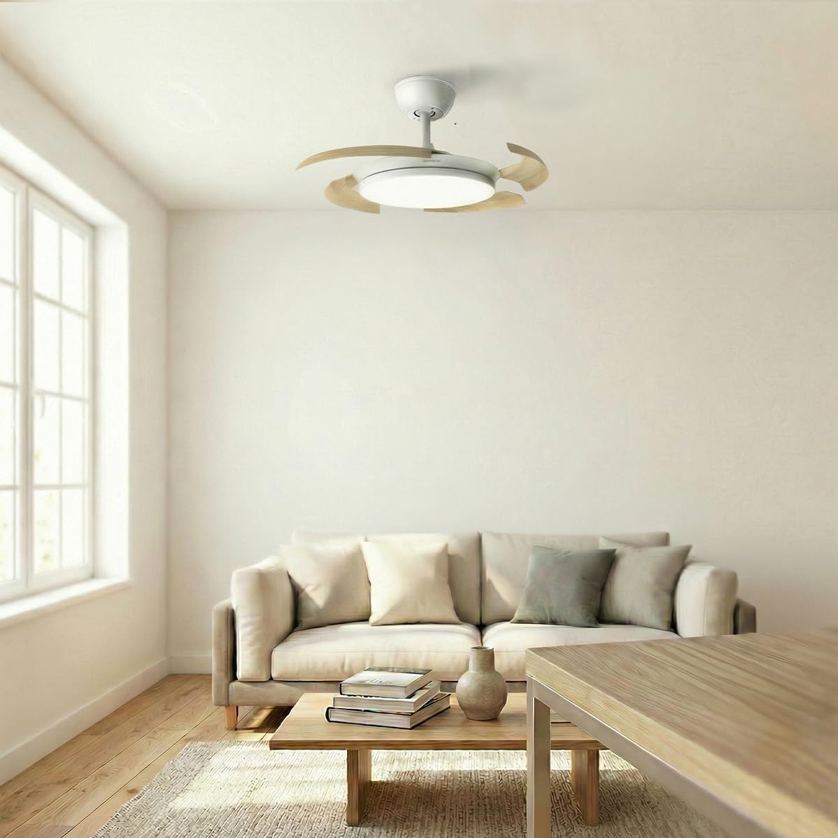 Cecotec Ventilatore da Soffitto Luce e Pale Retrattili EnergySilence Aero 4500 Puzzle Invisible White&LightWood. 30W, Motore DC, 42", LED, Telecomando, Timer, Estate/Inverno, Relax Totale