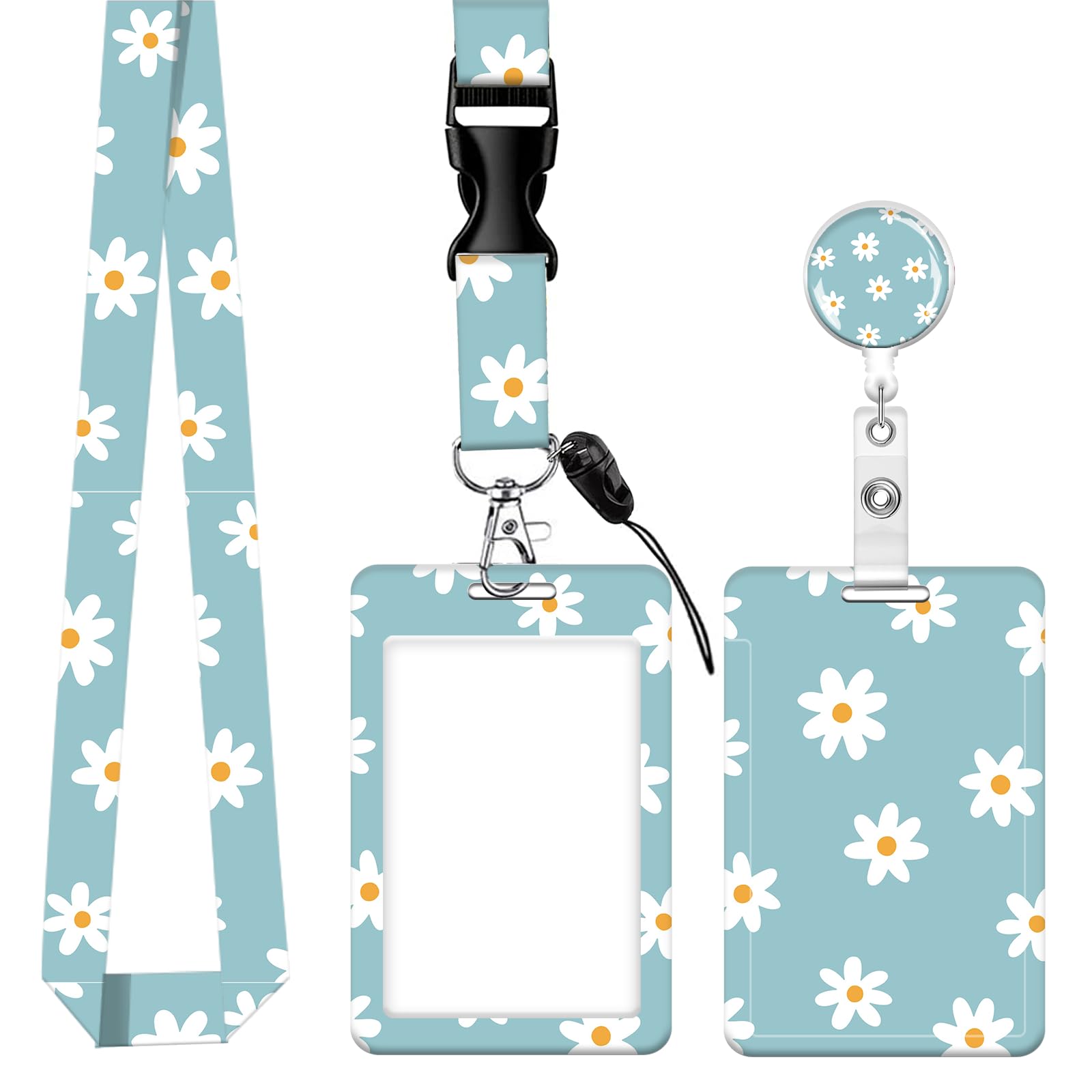 ID Badge Holder with Lanyard, Retractable Badge Holders Reels with Lanyards Adjustable, for Women Kids Teacher Nurses Doctor Student(Cute Cyan Daisy)
