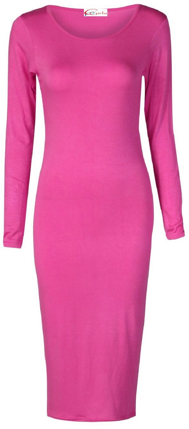 Crazy Girls Womens Plain Long Sleeve Scoop Neck Stretch Bodycon Maxi Midi Dress (XL-UK16-18, Cerise)