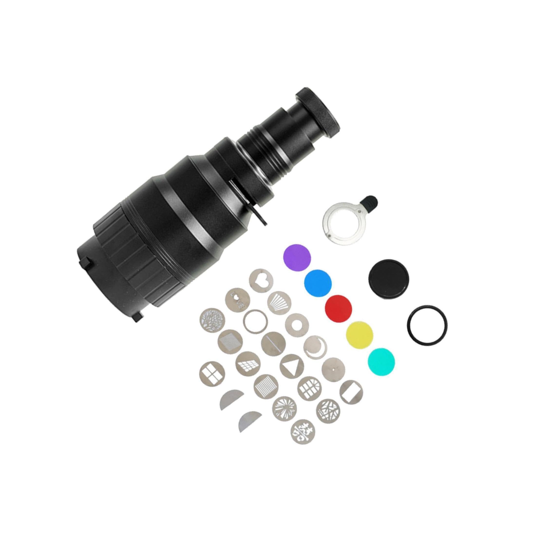 Strobe Video Snoot che offre effetti fotografici unici. Facile installazione per appassionati e professionisti. Snoot ottico conico con lente ottica e 21 gobo.