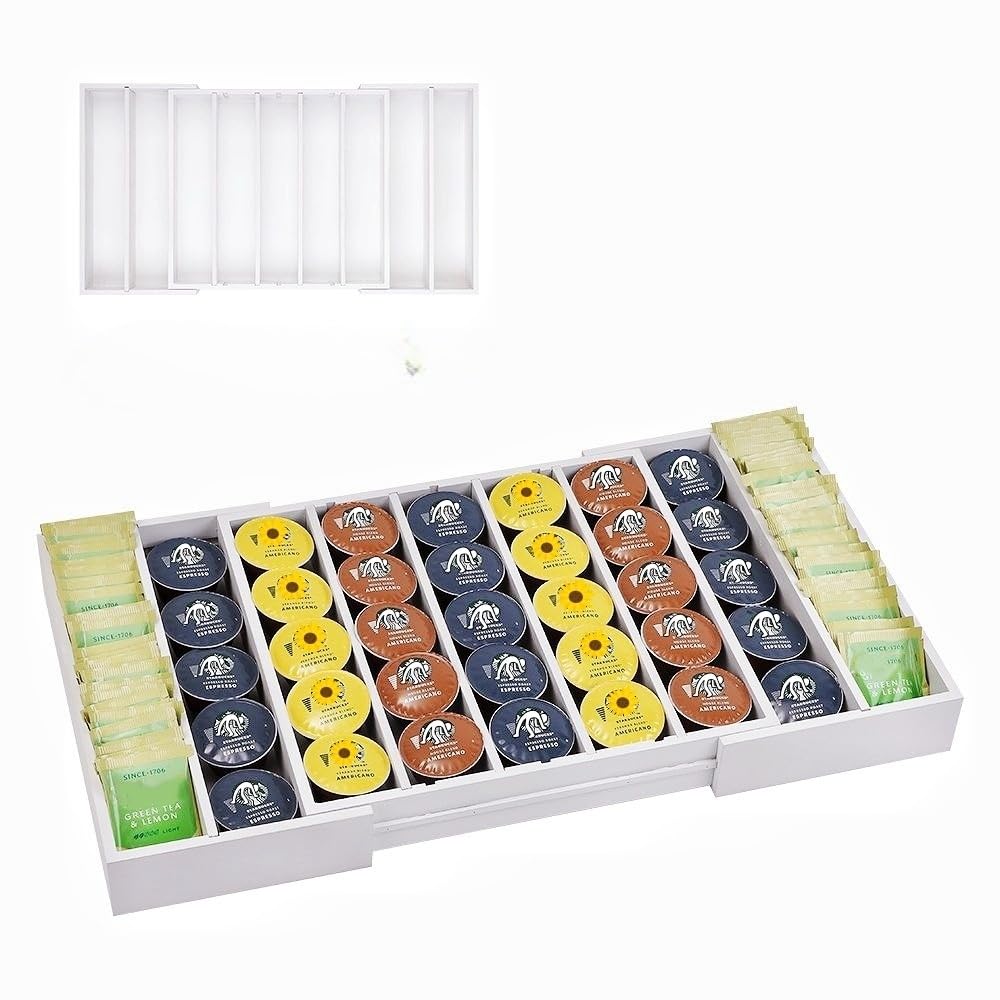 UoeRing K Cup Holder,Bamboo Coffee Pod Holder Drawer Organizer, Expandable Coffee Pod Holder Tea Bag Storage Organizer for Kitchen Office Coffee Bars,