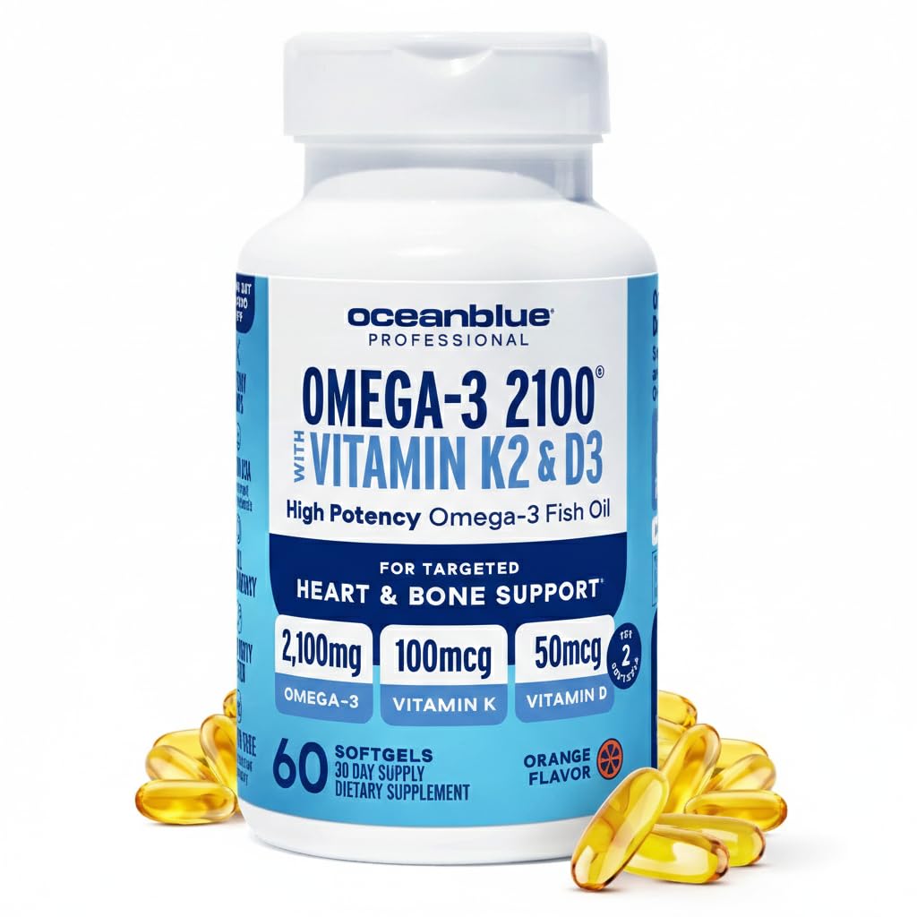 Professional Omega-3 2100 with Vitamin K2 and Vitamin D3-60 Count - Triple Strength Burpless Fish Oil Omega-3 Supplement with EPA, DHA & DPA - Wild Caught - Orange Flavor, 30 Servings