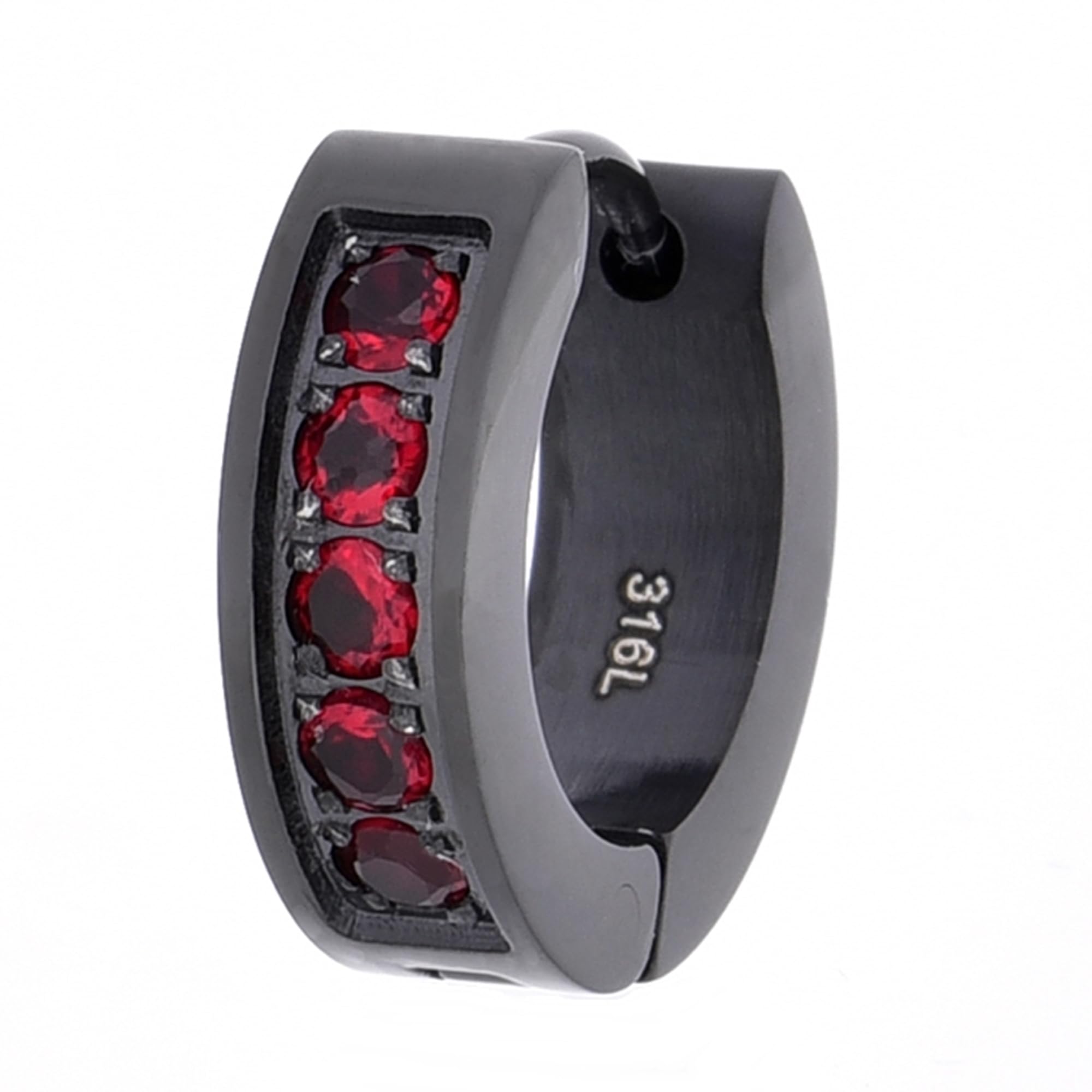 Truelements(トルゥーエレメント) メンズ ピアス ブラック (黒) サージカル ステンレス シンプル フープ レッド (赤) クリスタルガラス ジルコニア 金属 アレルギー 316l リングピアス 片耳用 (TEEST-0061 BK&RED) (1個売り)