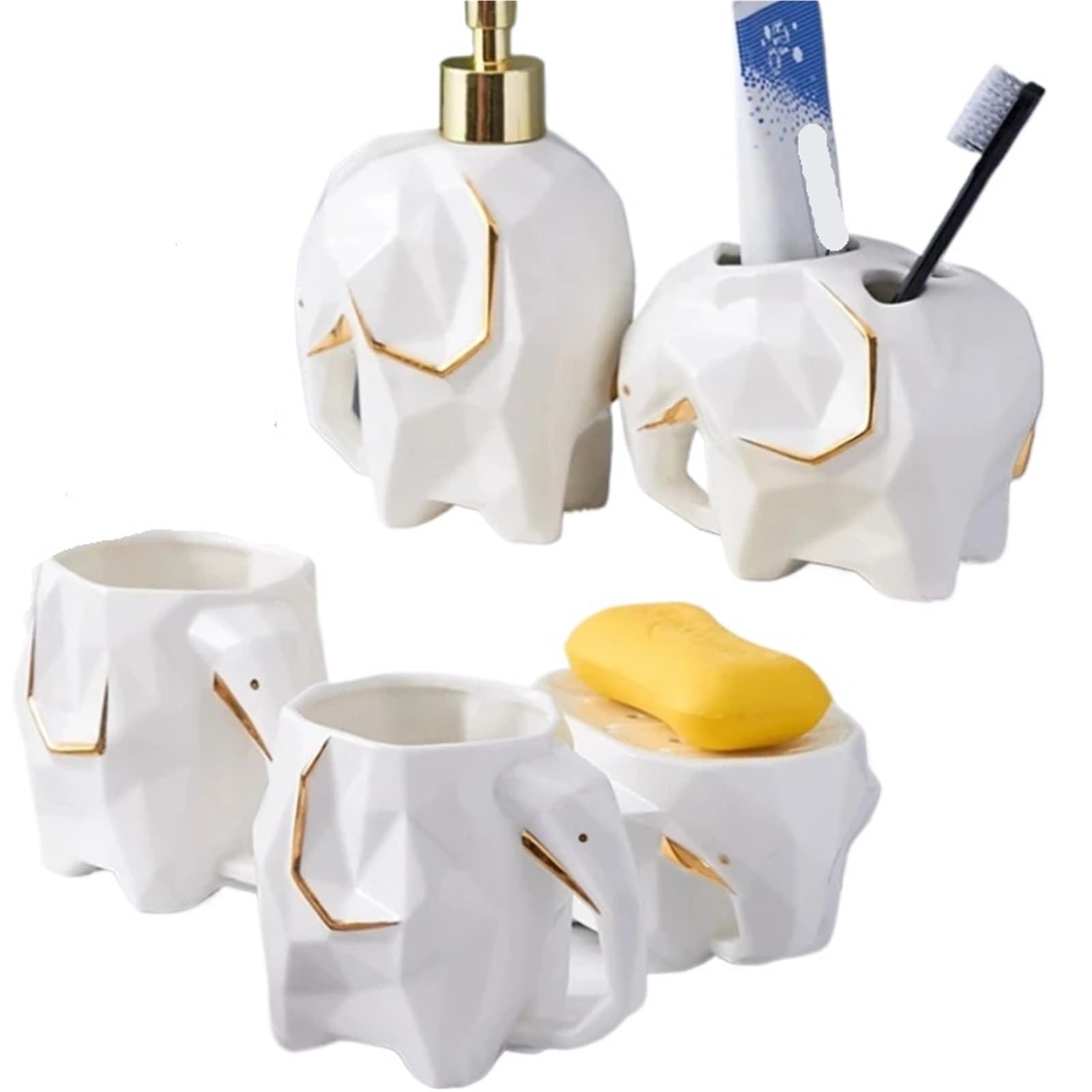 Jabonera Baño Juego de baño con Forma Elefante, Vaso for la Boca, Soporte for Cepillo Dientes, Botella loción y jabonera for organizar(Dark Green 5pcs)