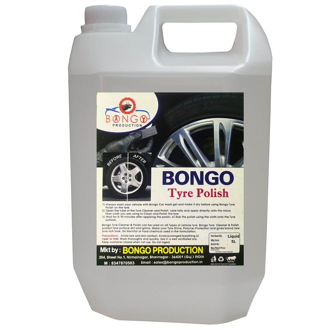 Bongo Tyre Polish for Car and Bike (5L) liquid | Provides a Glossy Finish | Long-Lasting Shine | Non-Greasy Formula | Super Hydrophobic Protection