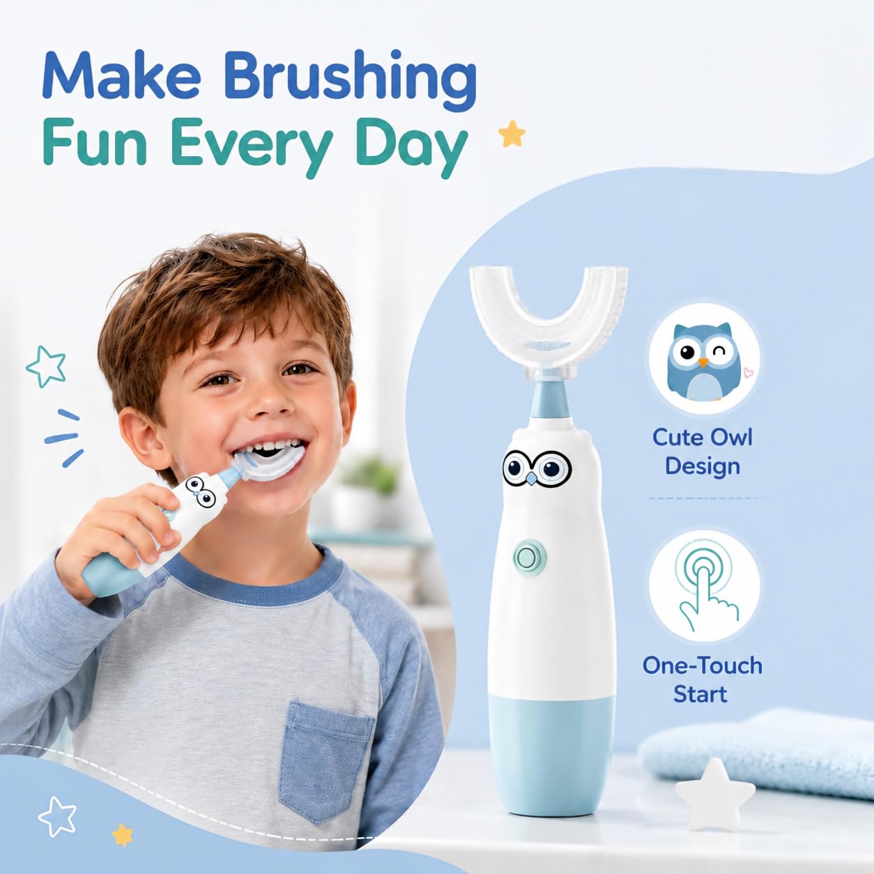 Cepillo de dientes eléctrico para niños, cepillo de dientes en forma de U con 3 cabezales, diseño de limpieza de boca completa de dibujos animados de búho, IPX7 impermeable, relleno de