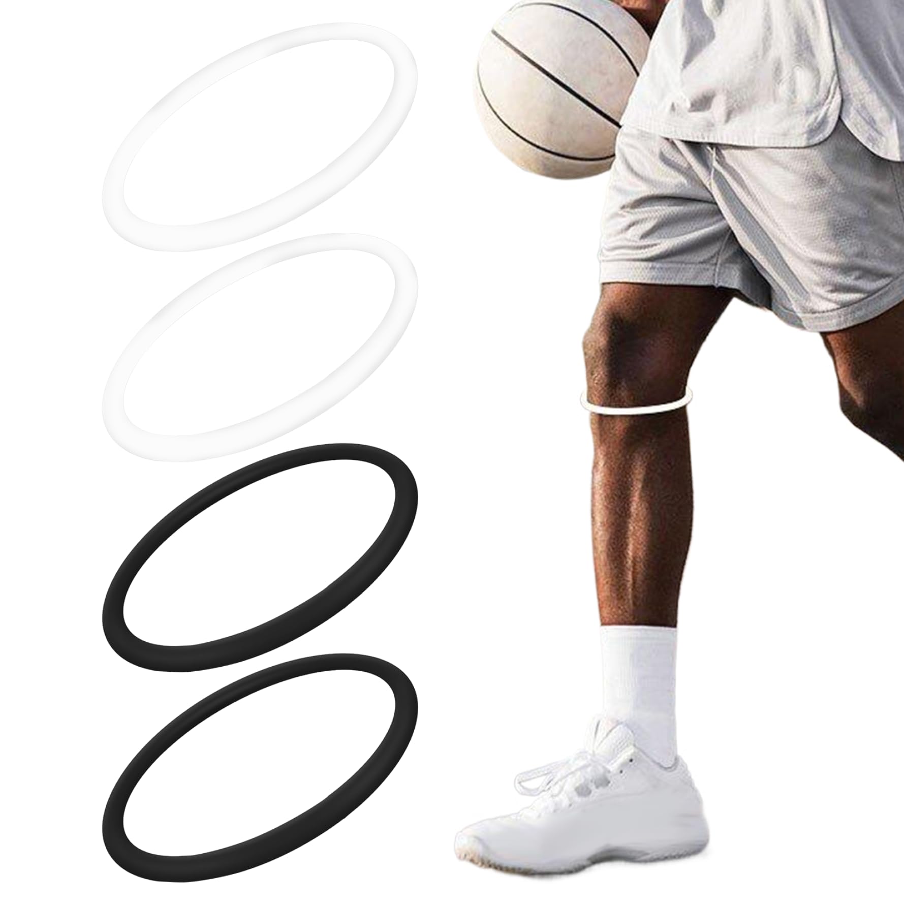 Bande de rotule, sangle de support de tendon de rotule en silicone 2 paires, sangle élastique en caoutchouc de genou, bandes de genou en noir et blanc réutilisables pour le basket-ball, le football,