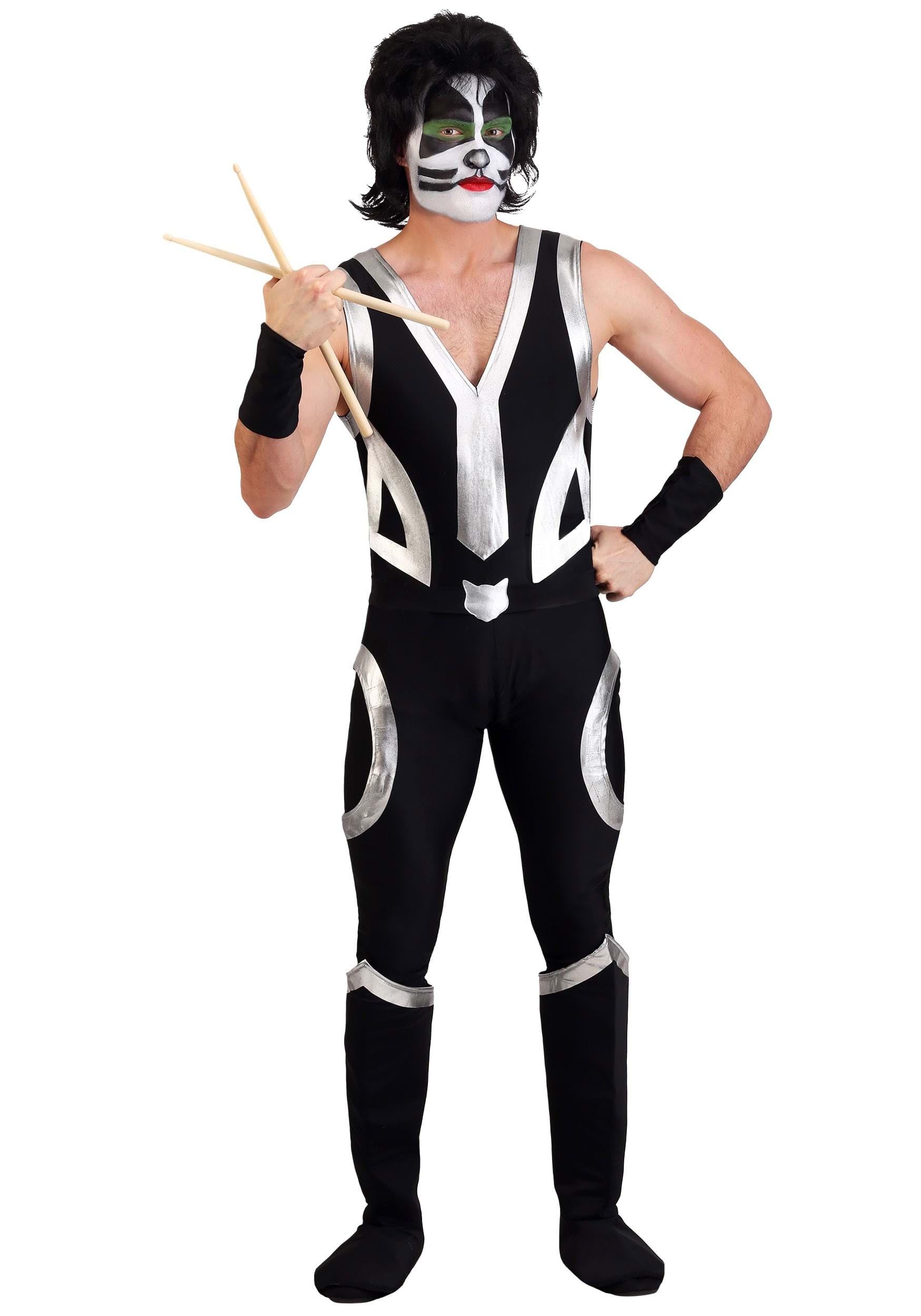 Mens KISS Catman Peter Criss Halloween Costume | Adult Rocker Outfit with Bodysuit, Belt, Gauntlets, and Boot Covers Large