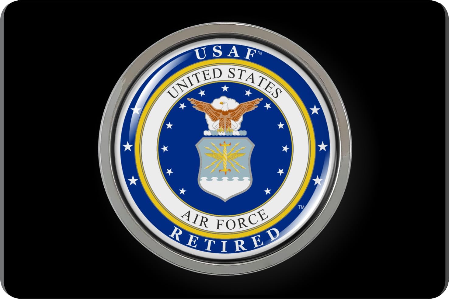 [Officially Licensed Product] - Premium Quality Anodized Billet Aluminum UV Resistant Metal Car Trailer/Tow Hitch Cover for 2" Receivers with Chrome Emblem - United States Air Force USAF Retired