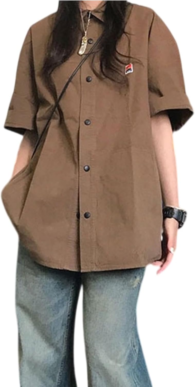 Korean Version Women's Shirt Retro Lapel Button up Shirt Women's Summer Loose Casua...