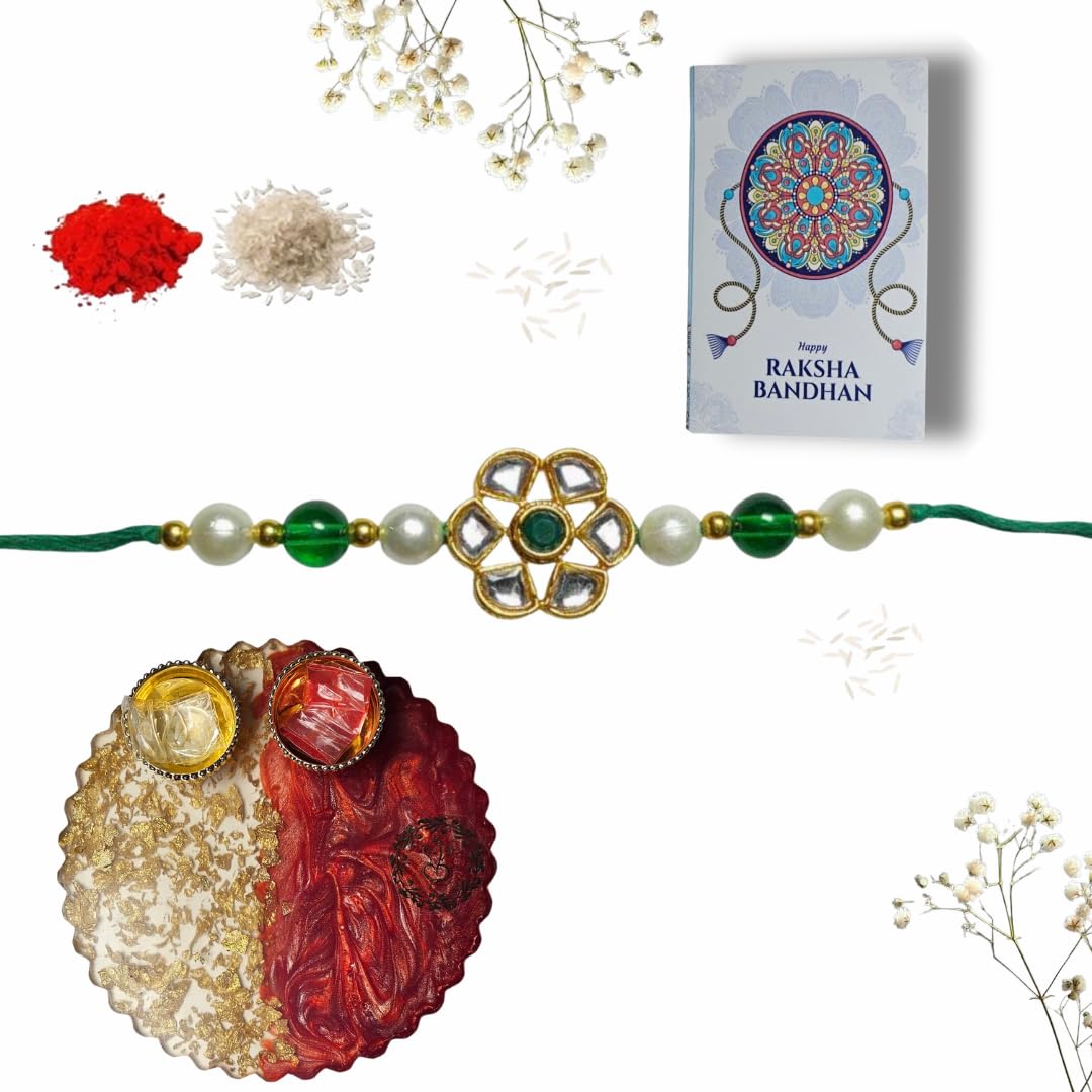 Traditional Pearl Rakhi Gift Set for Brother with Resin Pooja Thali,Roli Chawal,& Designer Greeting Card | Handcrafted Green Beads Rakhi for Raksha Bandhan | Gift For Brother