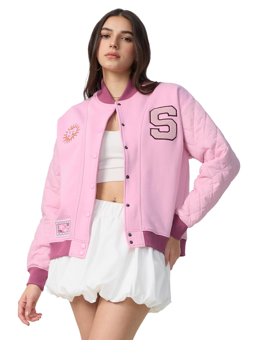 the souled store Sunbeam Women and Girls Long Sleeves Band Neck Button Front Pink Embroidered Cotton Blend Oversized Varsity Jackets-picture-36