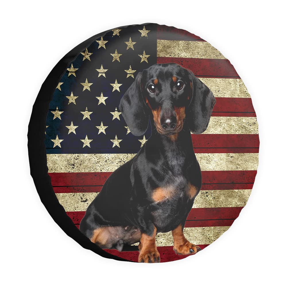 Dachshund With Sunglasses Spare Tire Cover - American Flag Design For RV, SUV & Trailers