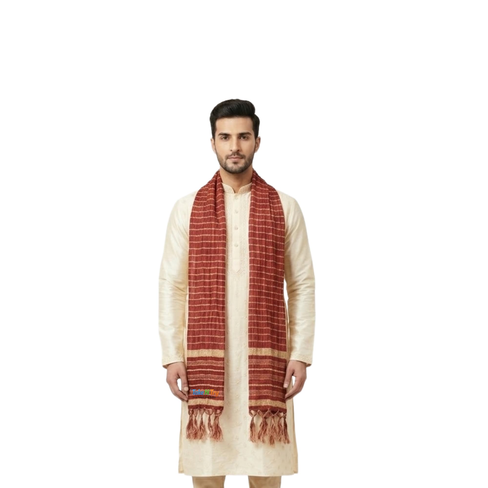 take n try Red & Gold Traditional Silk Crush Sherwani Dupatta Stole for Men's | Wedding Men's Dupatta/Scarf with Tassels for for Kurta, Sherwani & Wedding Size 90 x 12 Inch (1 Pc)-picture-13