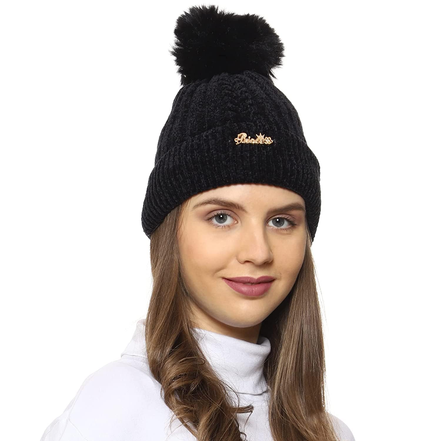 Winter Warm Wool Pom Pom Hat Soft Thick Knit Acrylic Beanie Hat Caps-Winter Headgear for Girls and Women's