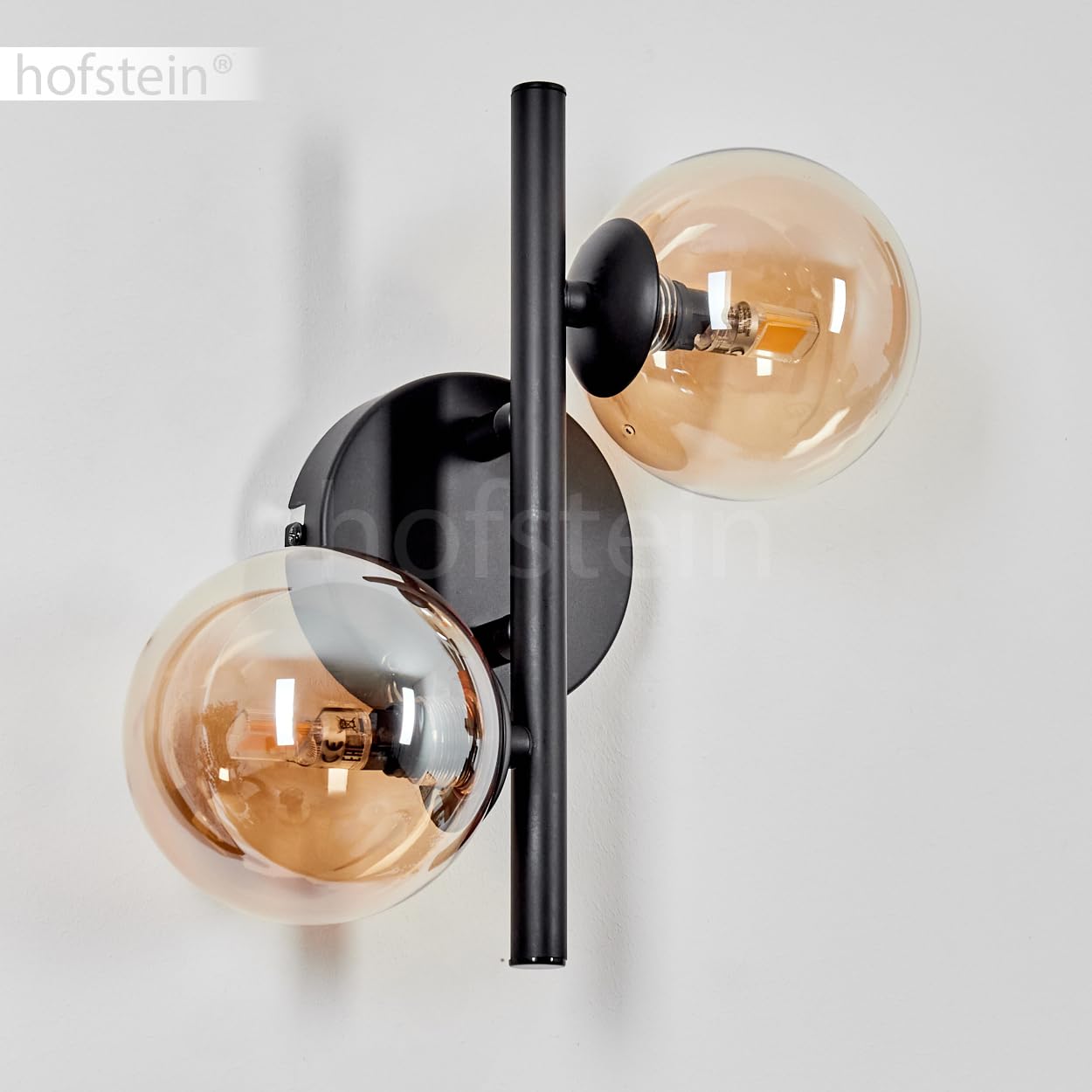 Wandleuchte Chehalis, Wandlampe aus Metall/Glas in Schwarz/Bernsteinfarben, Leuchte im Retro/Vintage-Design mit Schirmen aus Glas (Ø 10 cm) u. An/-Auschalter am Gehäuse, 2 x G9, ohne Leuchtmittel