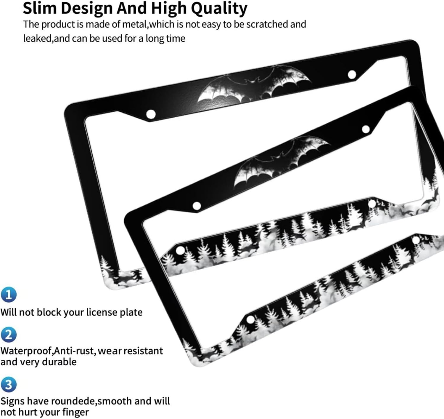 Cute Bat Goth License Plate Frames, Stainless Steel Cute License Plate Holders Covers with Gothic Wing Mirror Cover Screws Fasteners Caps for Women Man