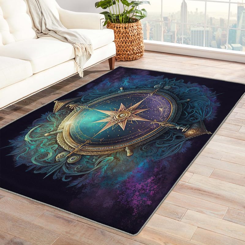 Compass Rugs for Bedroom Living Room 5x8, Nautical Washable Non-Slip Soft Low Pile Area Rug, Dorm Dining Room Nursery Carpet, Indoor Floor Rug for