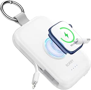 RORRY Portable Apple Watch Charger,5000mAh iWatch Wireless Charger Power Bank with Built-in Cable,Travel Keychain Charger for Apple Watch 9/Ultra2/8/Ultra/7/6/Se/5/4/3,iPhone 15/14/13/12/11 (White)