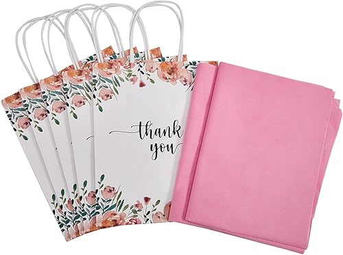 Miniatura 8 de Paquete de 50 bolsas de regalo de papel de agradecimiento blancas y florales de primavera medianas con asas de 10 x 8 x 4 pulgadas y papel de seda