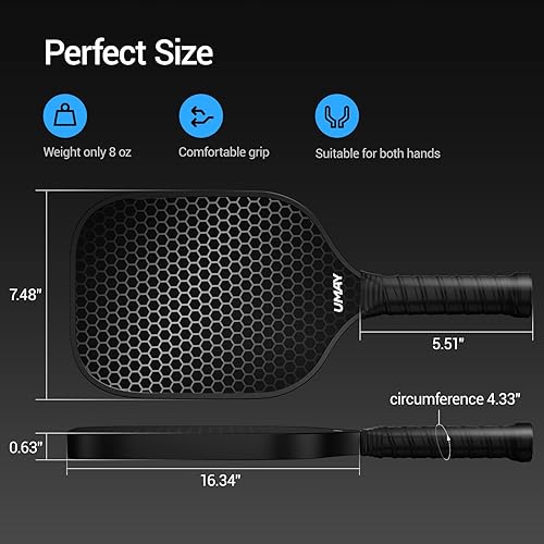 Miniatura 5 de UMAY Paleta de pickleball para fitness, aprobada por USAPA de 0.630 in T300 de fibra de carbono, raqueta ligera de pickleball con bolsa y cintas de