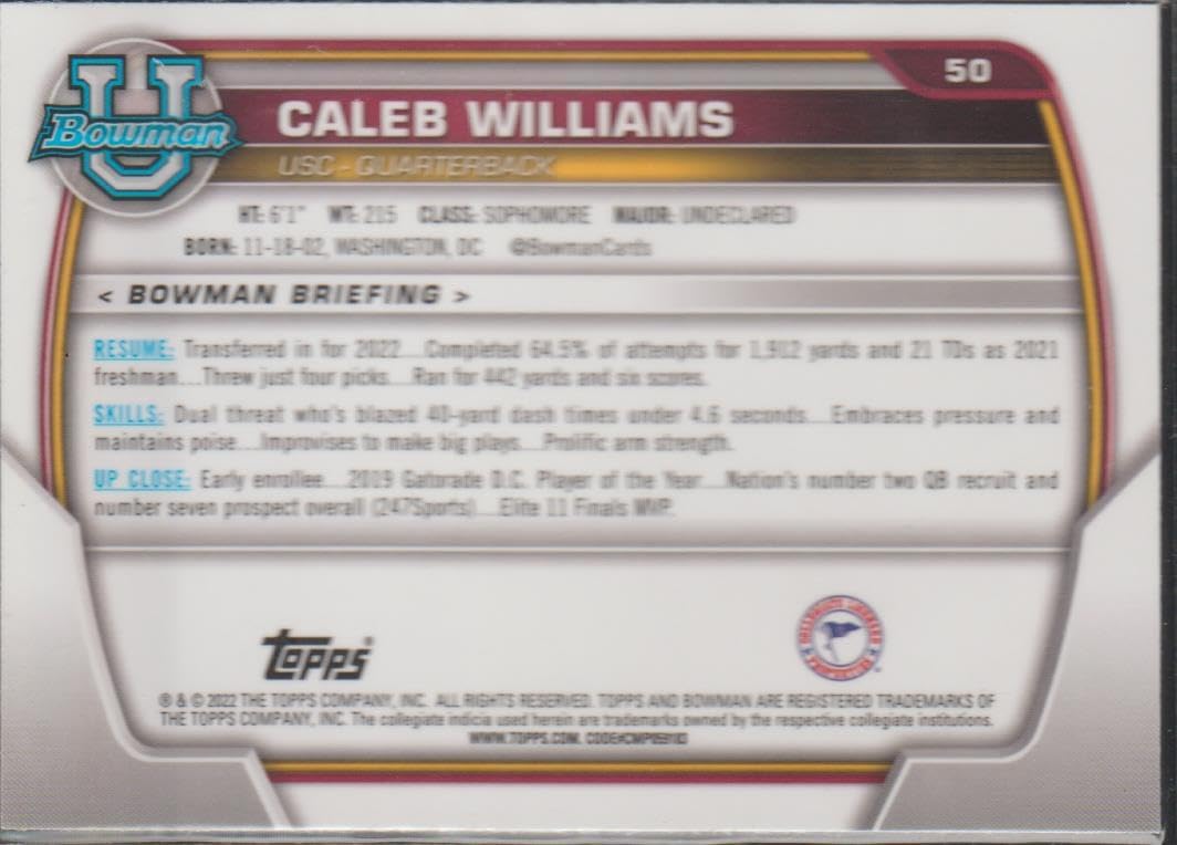 2023 Bowman Chrome Caleb Williams Bears Silver Rookie Football Card
