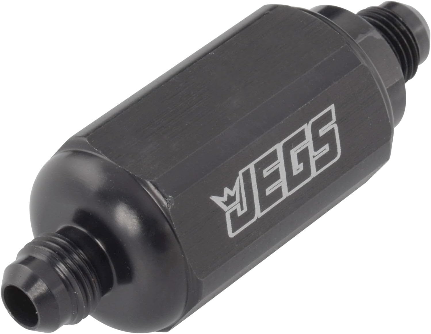 JEGS Compact Billet In-Line Fuel Filter | -6 AN Male/Male Fittings | Black | Length 2 5/16in. | Compatible With Gas Or Alcohol | 40 Micron | Flows Up To 130 GPH @ 75 PSI | Made In USA