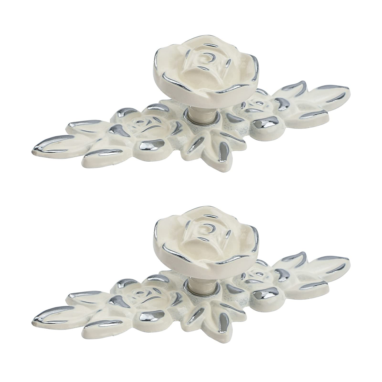 MOROBOR Euro Rose Cabinet Knobs with Backplate, 2pcs Vintage Zinc Alloy Handles Ivory White Drawer Handle Knobs for Wardrobe Dresser Cabinet with Mounting Screws(Silver Edge)