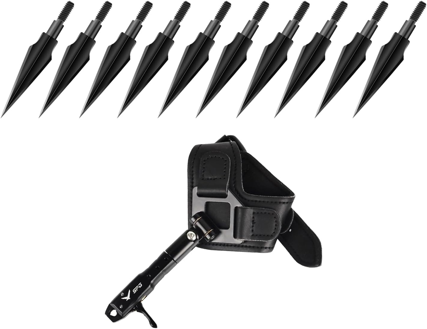 10 Leaf Shaped broadheads and 1 Wrist Release
