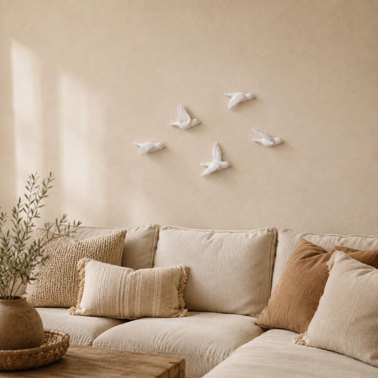 Boho Wanddeko Vögel Set aus Keramik 5er Set Weiß Matt Minimalistische Wanddeko