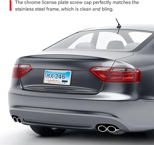 Miniatura 5 de RED WOLF Soporte de marco de matrícula de acero inoxidable con 4 agujeros, kit de cubierta de placa plateada con tapas de tornillos cromados, tuerca