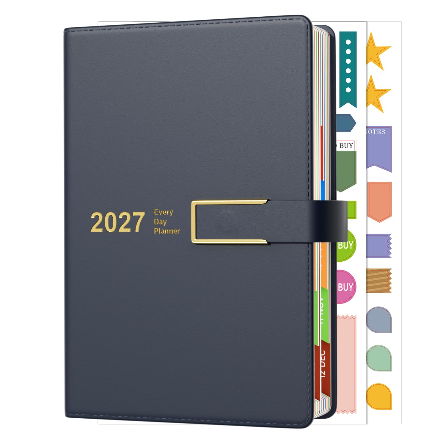 Diary 2027 Page A Day A5, January -December 2027, 2027 Year Diary Magnetic Buckle Band with Colorful Monthly Tabs, 400 Pages 80-gsm Ivory White Paper, 2 Bookmarks, Pocket & Stickers (8.5'' x 5.8'')