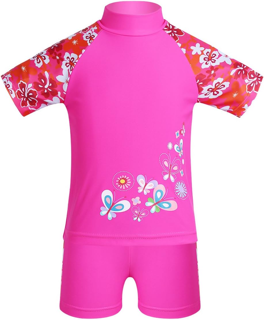 YiZYiF Girls Two Piece Swimwear Butterflies Flower Printed Rash Guard Swimsuit Swim Shirt Set UPF 50+ UV