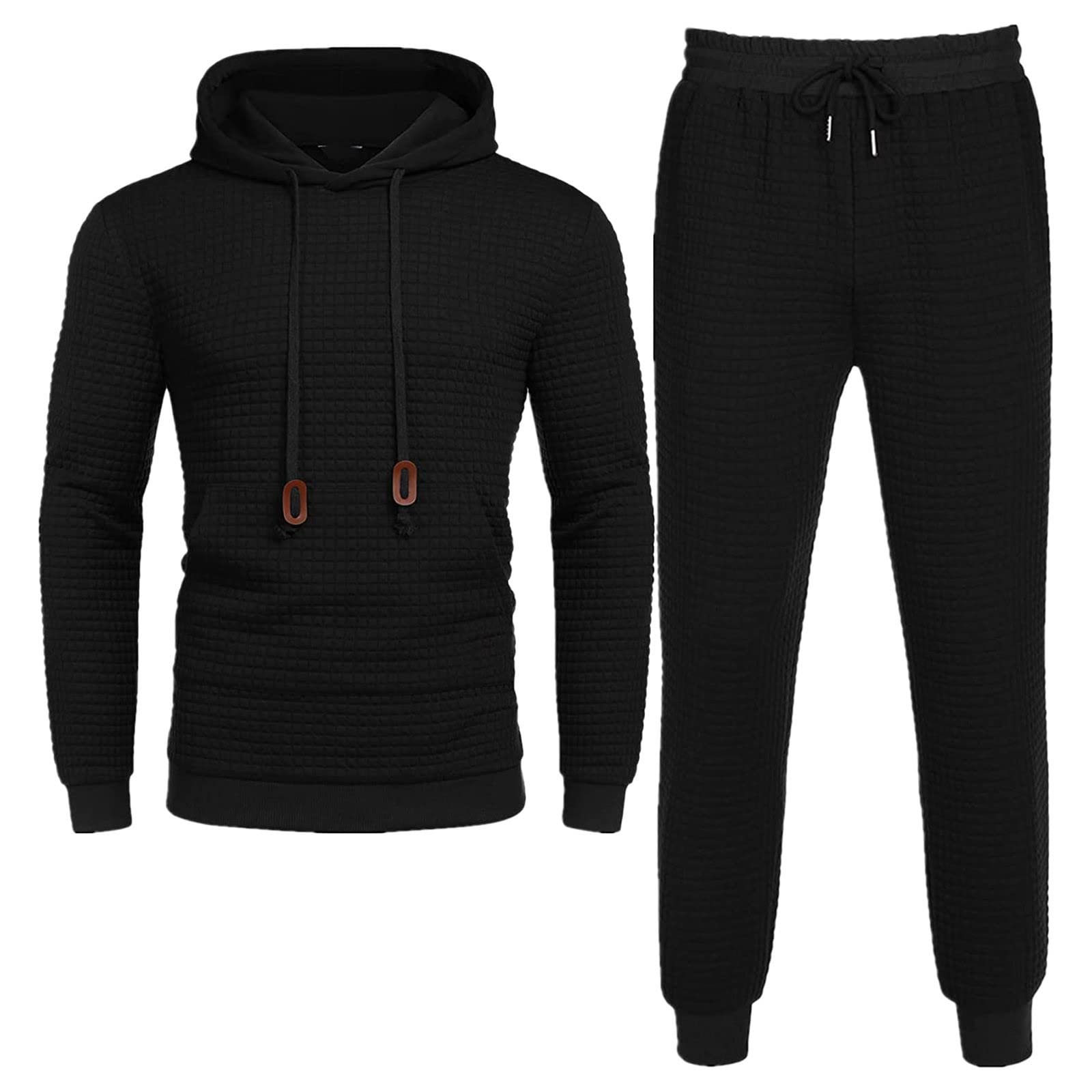 Uomo Tute Waffle a maniche lunghe Felpa con cappuccio e pantaloni | Tuta da uomo invernale Waffle Felpa a maniche lunghe con chiusura lampo con cappuccio Giacca e pantaloni sportivi da lavoro