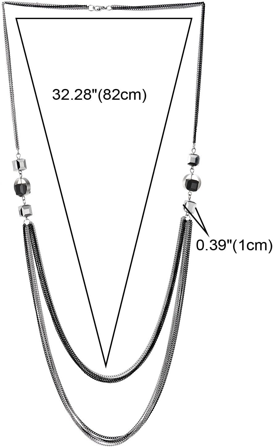 COOLSTEELANDBEYOND Long Statement Necklace, Multi-Strand Waterfall Long Chains with Crystal Charms, Silver Black - Image 4