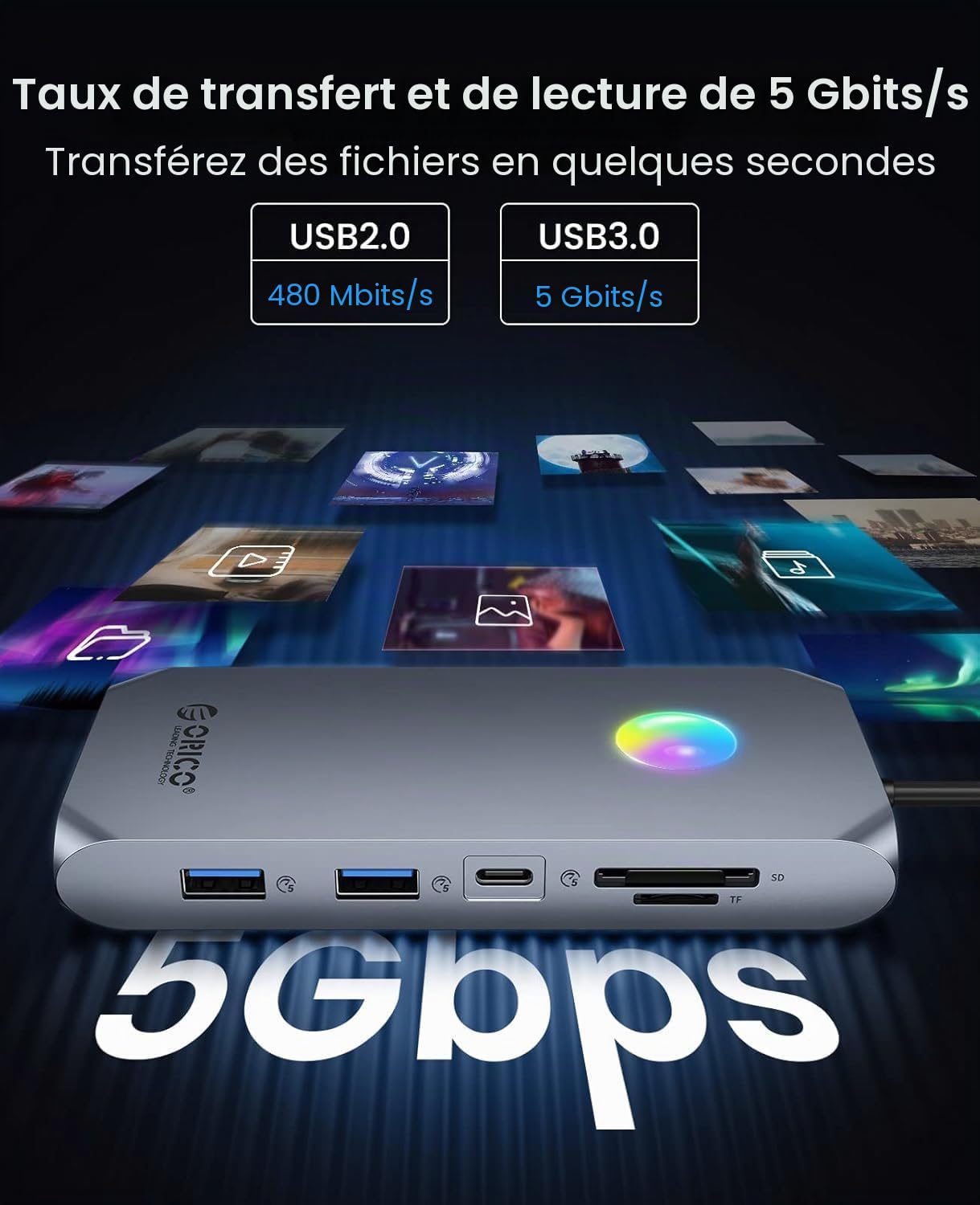 Station d'accueil USB C, ORICO 12 en 1 Hub USB C RVB, Adaptateur USB C avec HDMI 4K, 100W PD, RJ45, 4 Ports USB 3.0, Lecteur de Carte SD et microSD, 1080P VGA (Argent, avec RVB)