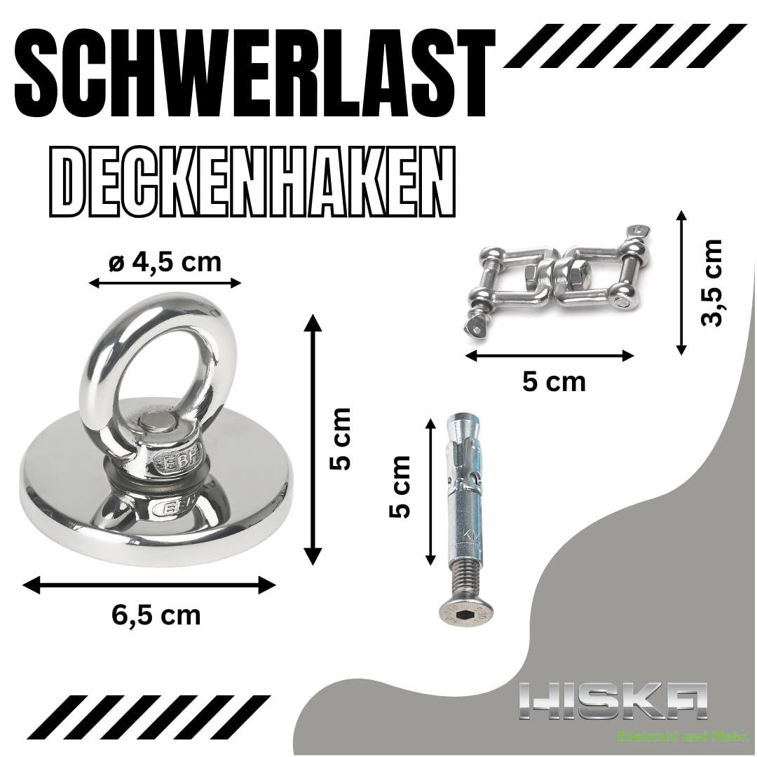 HISKA Hak sufitowy ze stali nierdzewnej, polerowany na lustro, hak do huśtawki, uchwyt sufitowy, fotel wiszący, hak do dużych obciążeń, huśtawka wahadłowa (zestaw betonu + kręgi 360°)