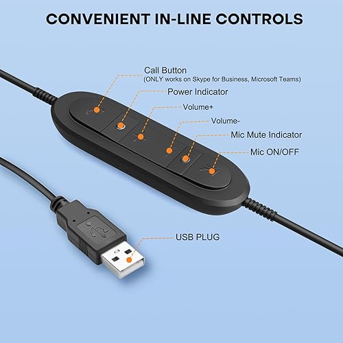 Miniatura 5 de MKJ Auriculares USB con micrófono para PC, auriculares de computadora con micrófono de cancelación de ruido para centro de llamadas y oficina,