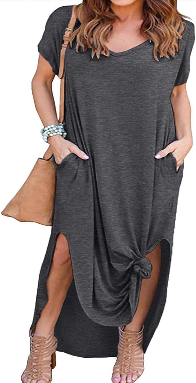 HBEYYTO Women's Plus Size Maxi Dresses V Neck Casual Short Sleeve Loose Pocket Slits Long Dress XL-5XL