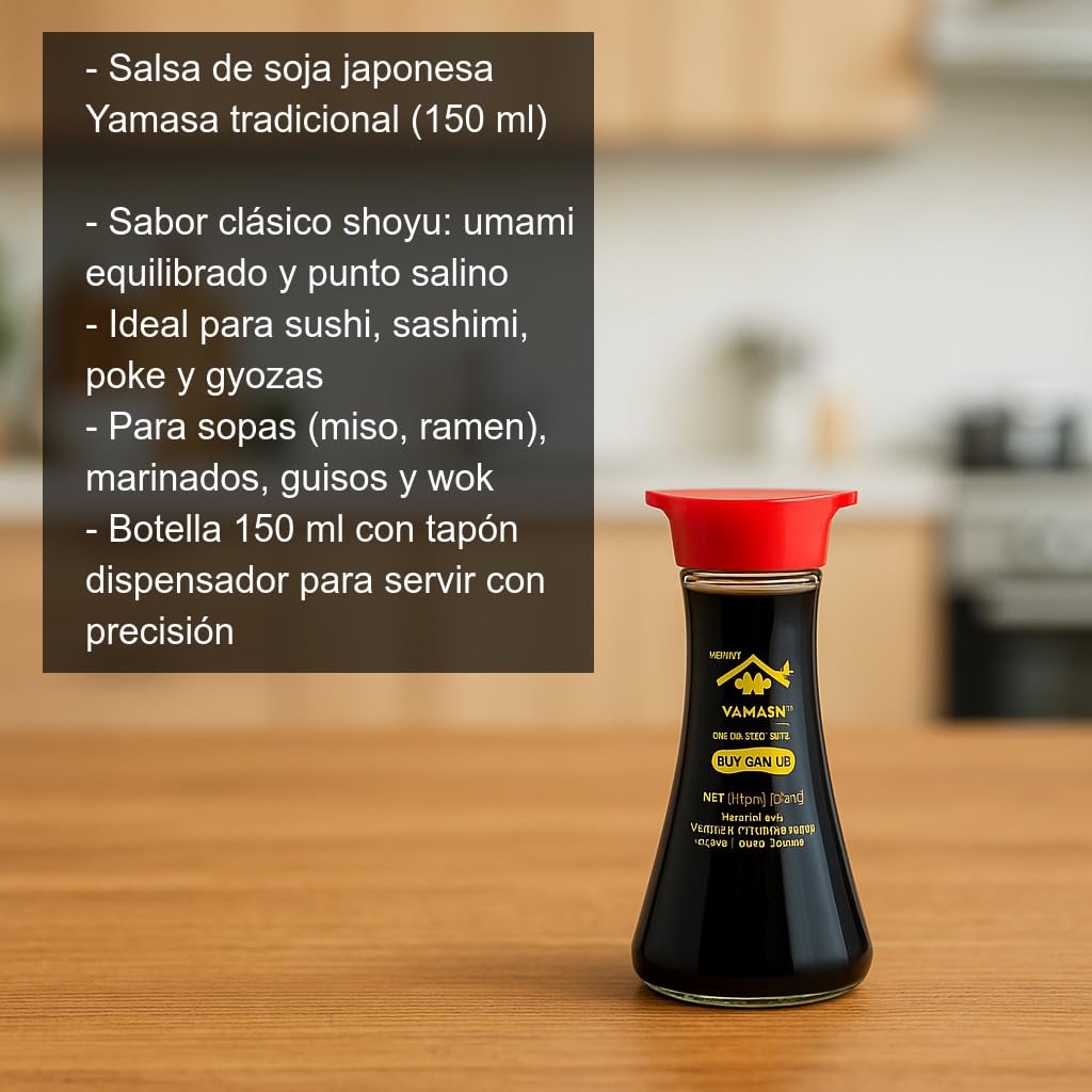 Salsa de soja japonesa shoyu 150 ml con tapón dispensador ideal para sushi, ramen, wok y marinados
